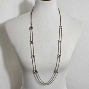Banana Republic Double Chain Station Necklace Gold Tone Square Cut Clear Crystal